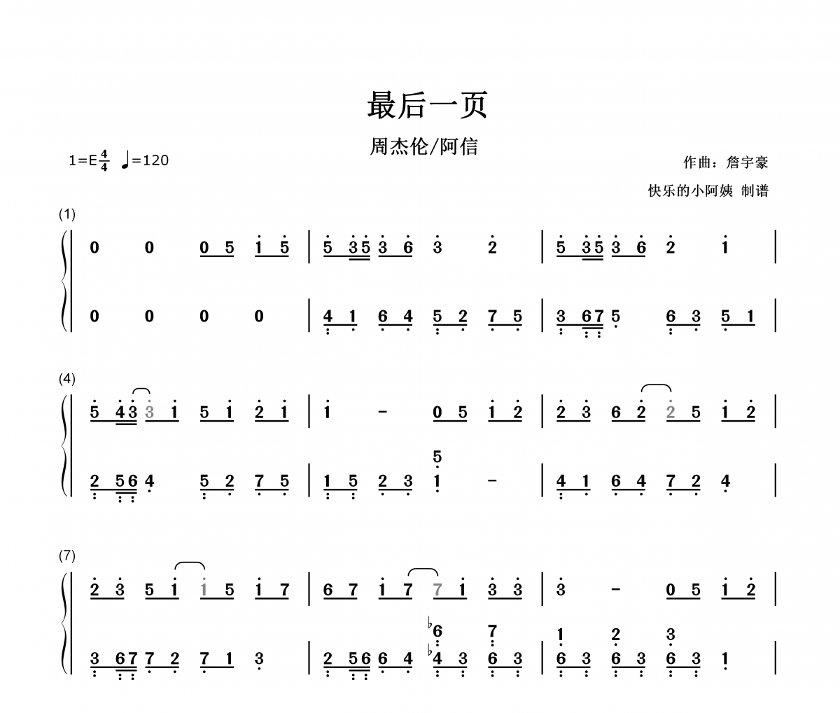 最后一页简谱 周杰伦/阿信-最后一页-数字双手简谱