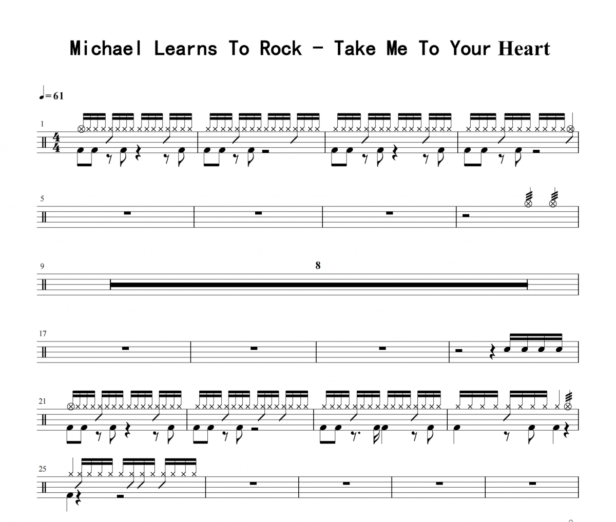 Michael Learns To Rock-Take Me To Your Hear爵士鼓鼓谱 积极处世发布