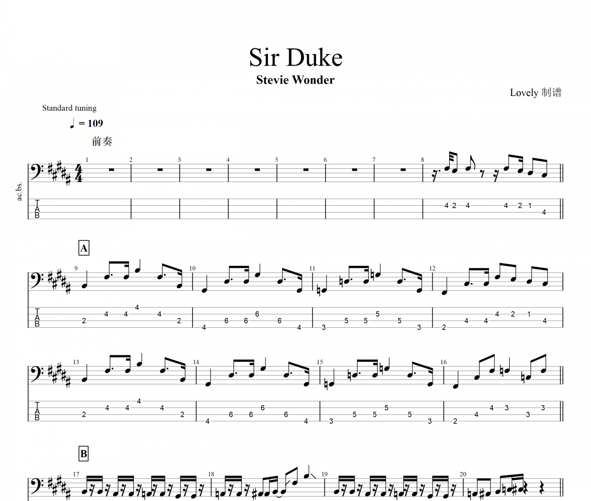 Sir Duke贝斯谱 Stevie Wonder《Sir Duke》贝司BASS谱