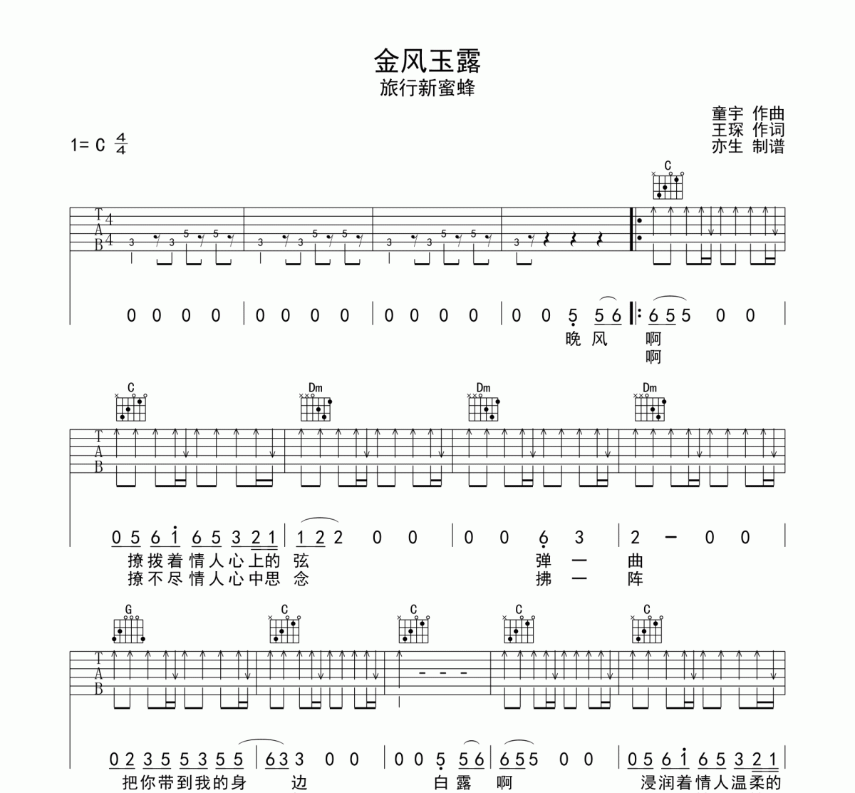 金风玉露吉他谱 旅行新蜜蜂《金风玉露》六线谱C调和弦指法吉他谱