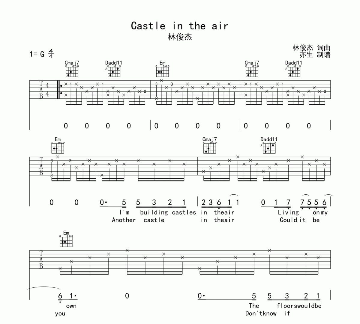 Castle in the air吉他谱 林俊杰-Castle in the air六线谱|吉他谱