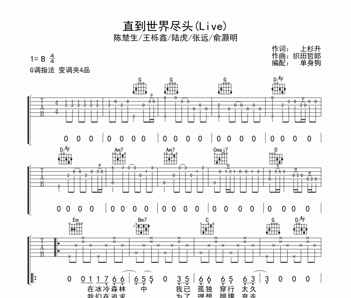 陈楚生/王栎鑫/陆虎/张远/俞灏明-直到世界尽头(Live)吉他弹唱谱