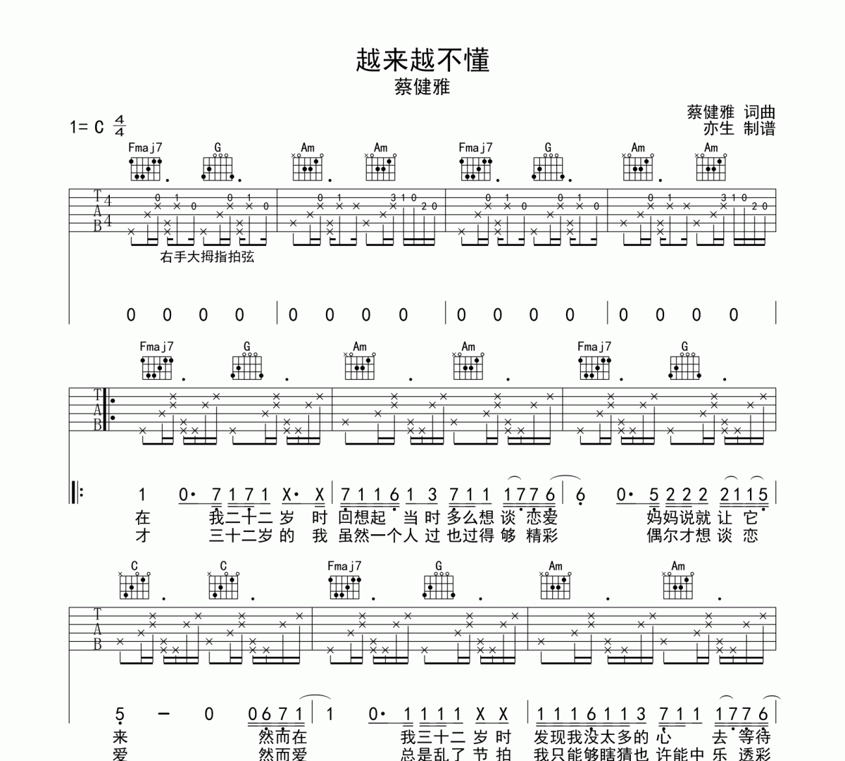 越来越不懂吉他谱 蔡健雅《越来越不懂》六线谱C调和弦编配吉他谱