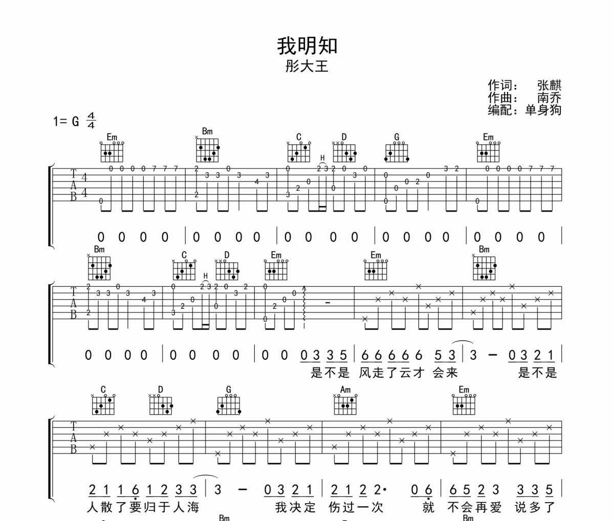 我明知 吉他谱 彤大王 《我明知 》G调弹唱谱