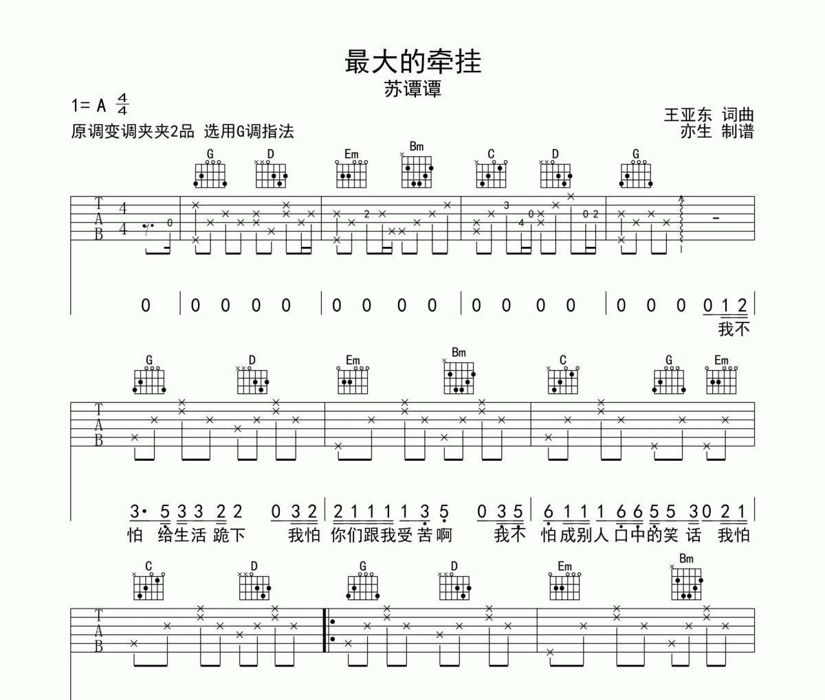 最大的牵挂吉他谱 苏谭谭《最大的牵挂》六线谱G调和弦指法演奏吉他谱