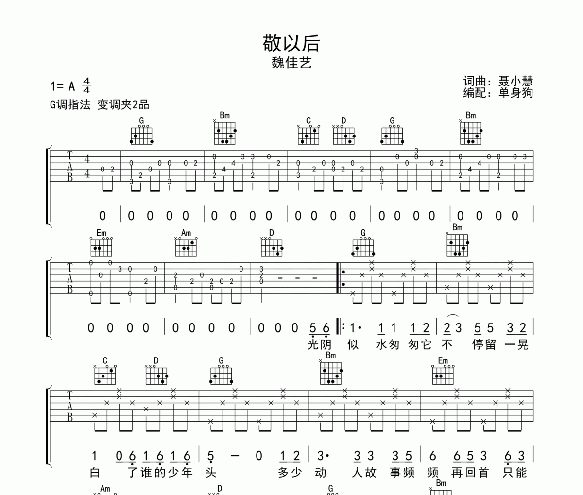 敬以后吉他谱 魏佳艺《敬以后》G调弹唱谱