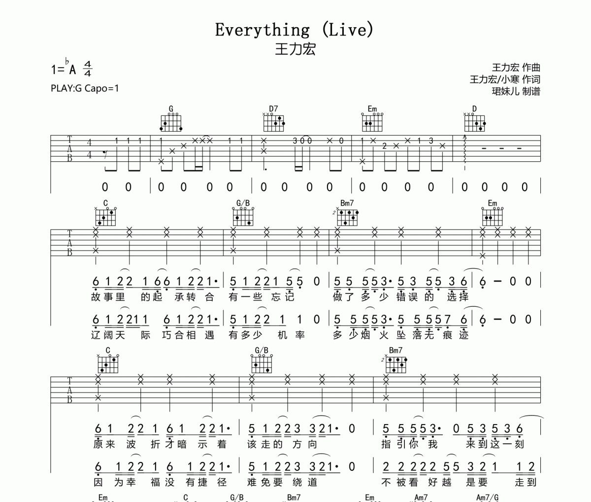 Everything吉他谱 王力宏《Everything》六线谱|吉他谱