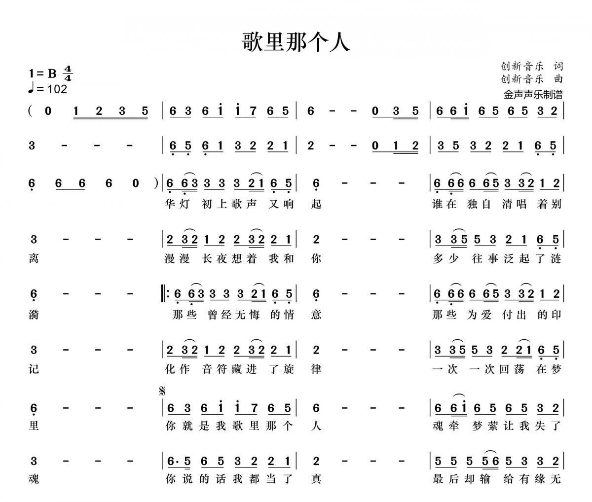 歌里那个人简谱 花姐《歌里那个人》简谱+动态视频