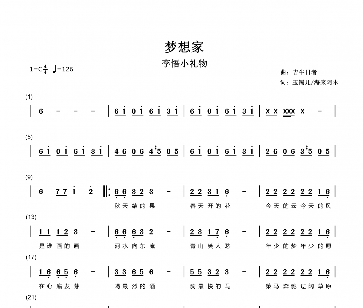 梦想家简谱 李悟小礼物《梦想家》简谱C调