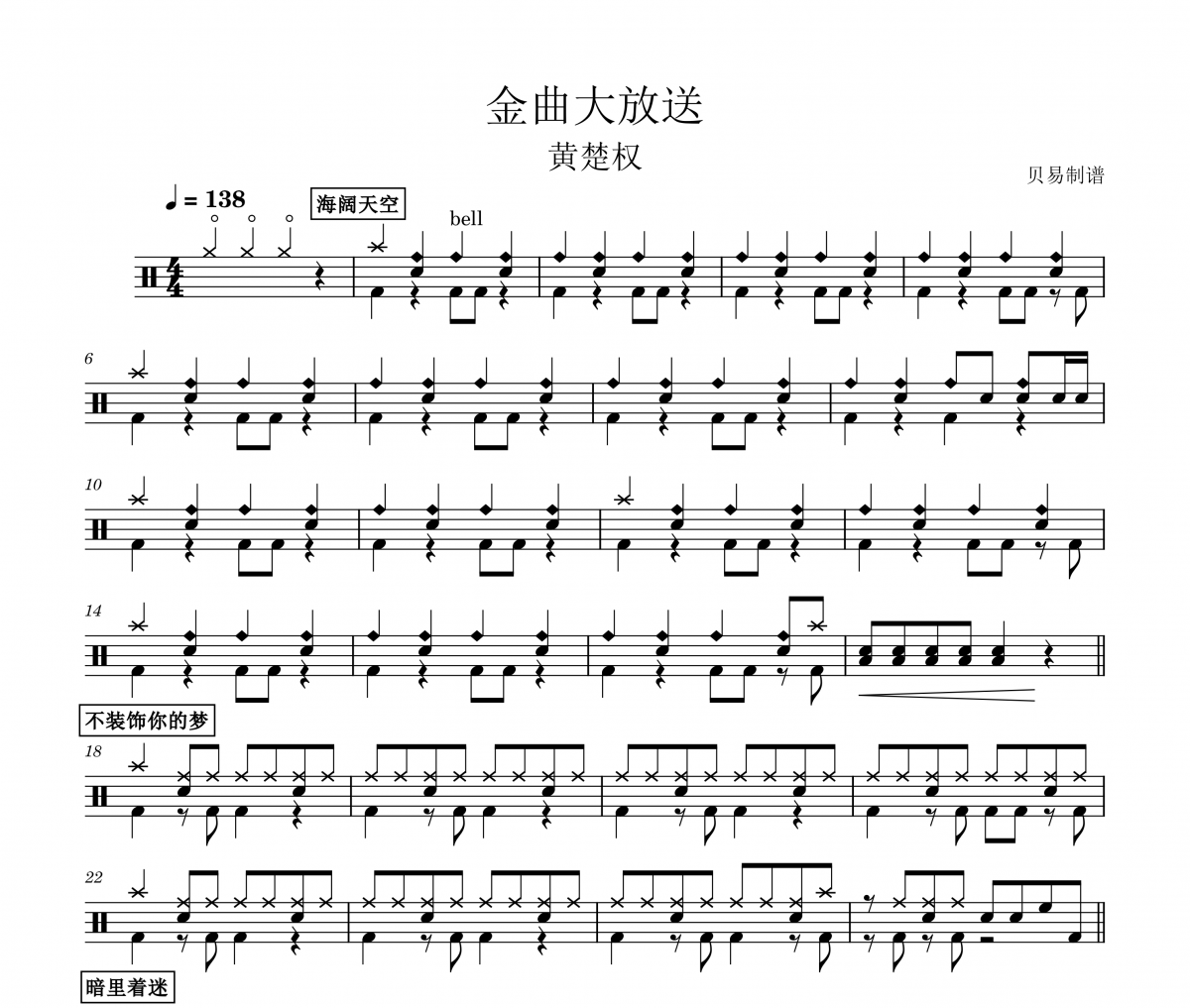 金曲大放送鼓谱 黄楚权《金曲大放送》架子鼓|爵士鼓|鼓谱