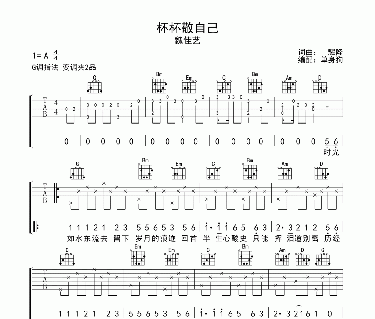 魏佳艺《杯杯敬自己》六线谱G调吉他谱