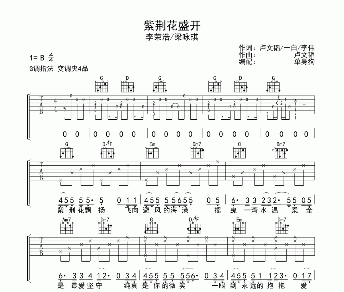 紫荆花盛开吉他谱 李荣浩/梁咏琪《紫荆花盛开》六线谱|吉他谱