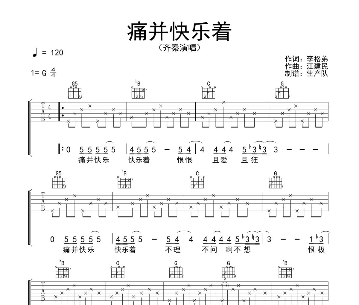 痛并快乐着吉他谱 齐秦《痛并快乐着》六线谱|吉他谱