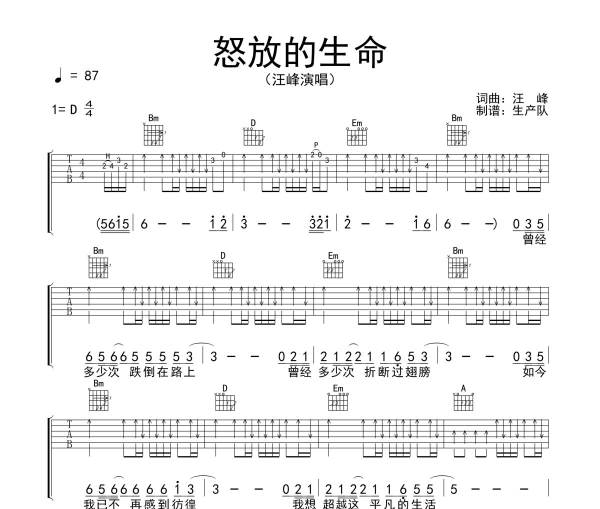 怒放的生命吉他谱 汪峰《怒放的生命》六线谱D调吉他谱