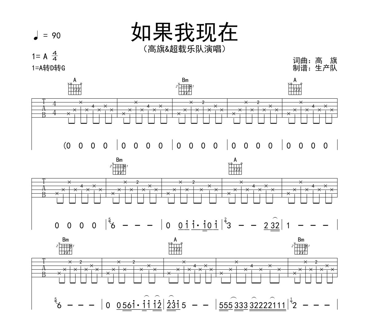 如果我现在吉他谱 高旗&超载乐队《如果我现在》六线谱A调吉他谱