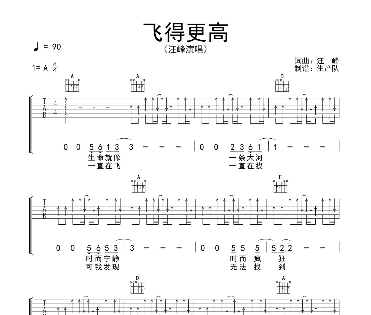 飞得更高吉他谱 汪峰《飞得更高》六线谱A调吉他谱