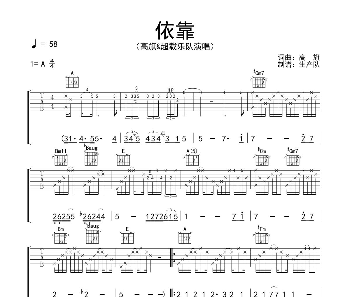 依靠吉他谱 高旗&超载乐队《依靠》六线谱A调吉他谱