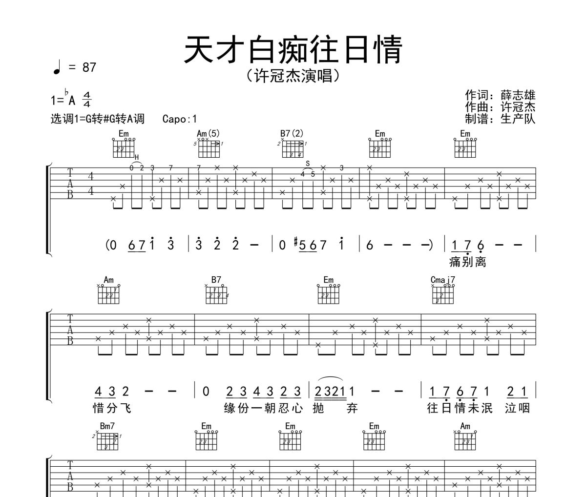 天才白痴往日情吉他谱 许冠杰《天才白痴往日情》六线谱G调吉他谱