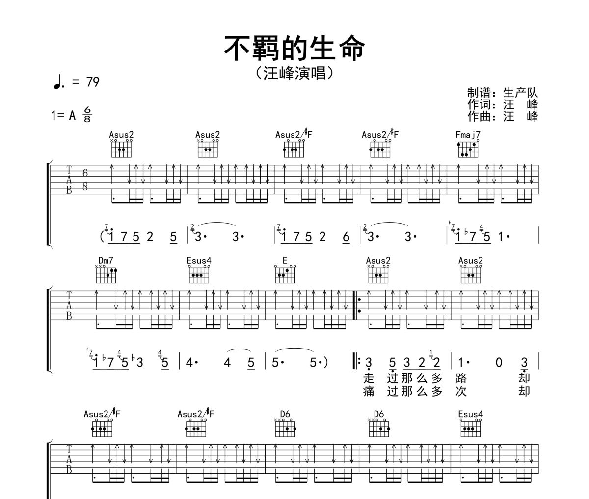 不羁的生命吉他谱 汪峰《不羁的生命》六线谱A调吉他谱