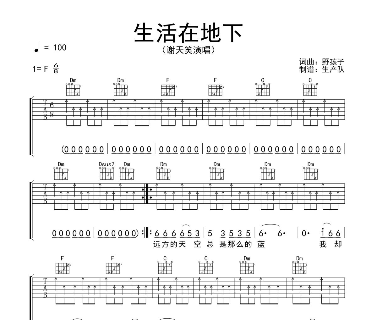 生活在地下吉他谱 谢天笑《生活在地下》六线谱F调吉他谱