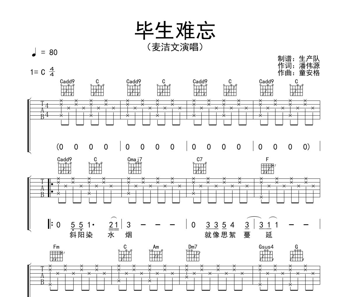 毕生难忘吉他谱 麦洁文《毕生难忘》六线谱C调吉他谱