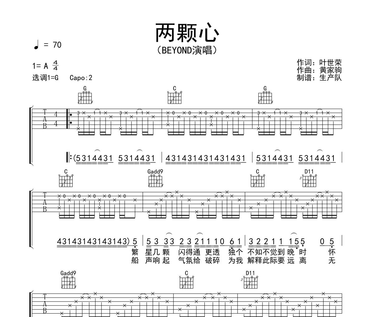 两颗心吉他谱 Beyond《两颗心》六线谱G调吉他谱