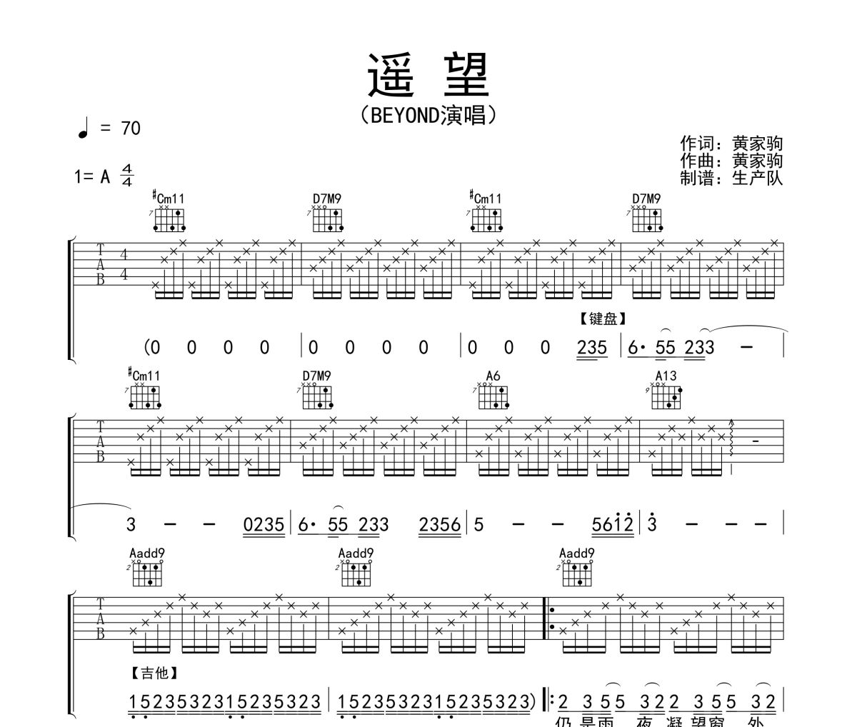 遥望吉他谱 Beyond《遥望》六线谱A调吉他谱