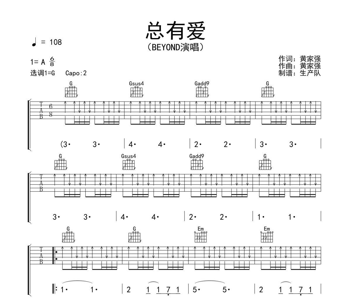 总有爱吉他谱 Beyond《总有爱》六线谱G调吉他谱