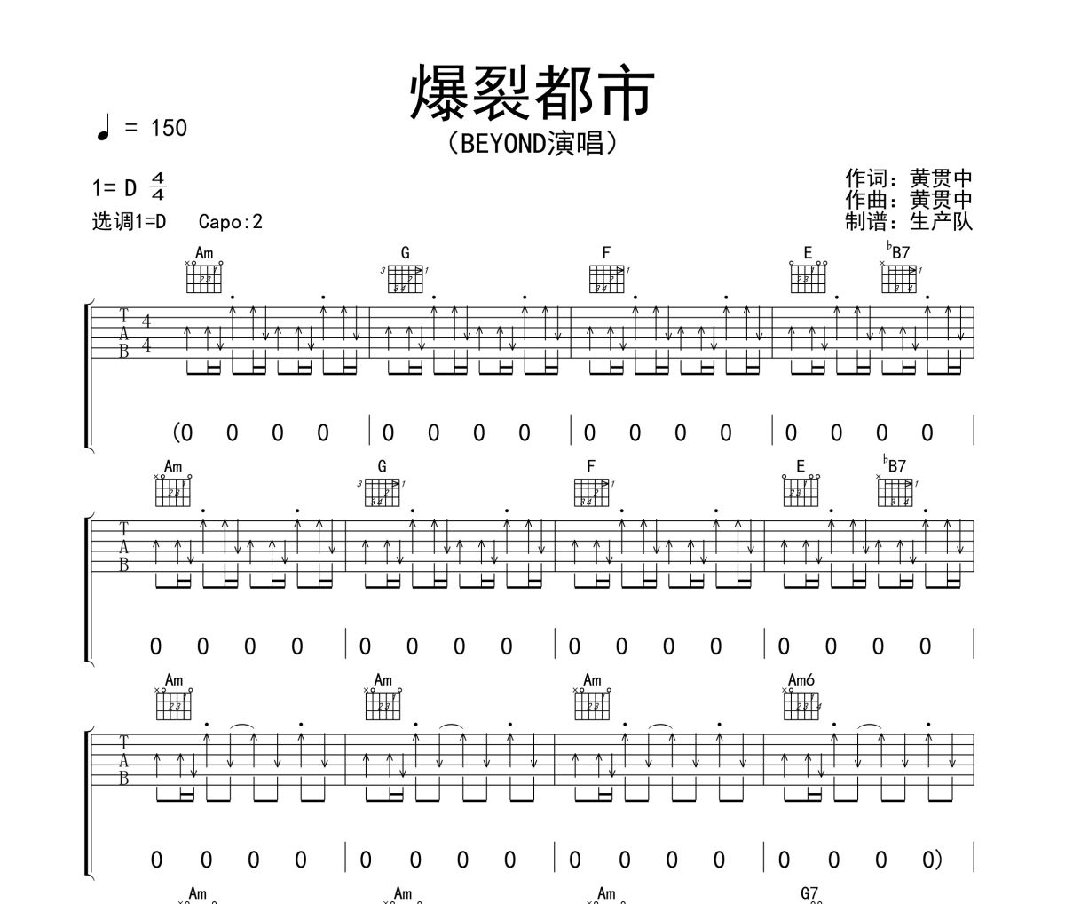 爆裂都市吉他谱 Beyond《爆裂都市》六线谱C调吉他谱