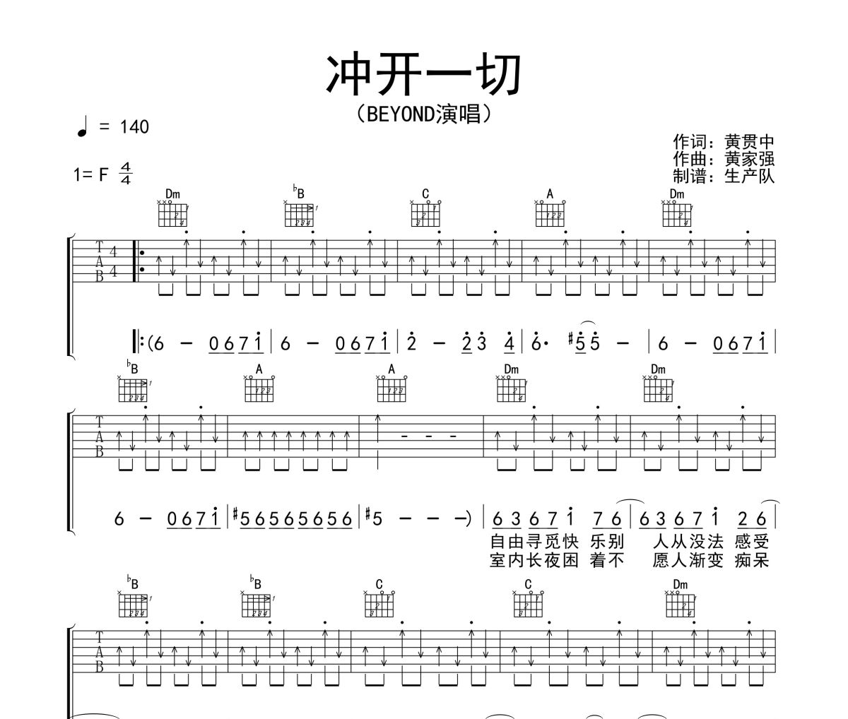 冲开一切吉他谱 Beyond《冲开一切》六线谱F调吉他谱