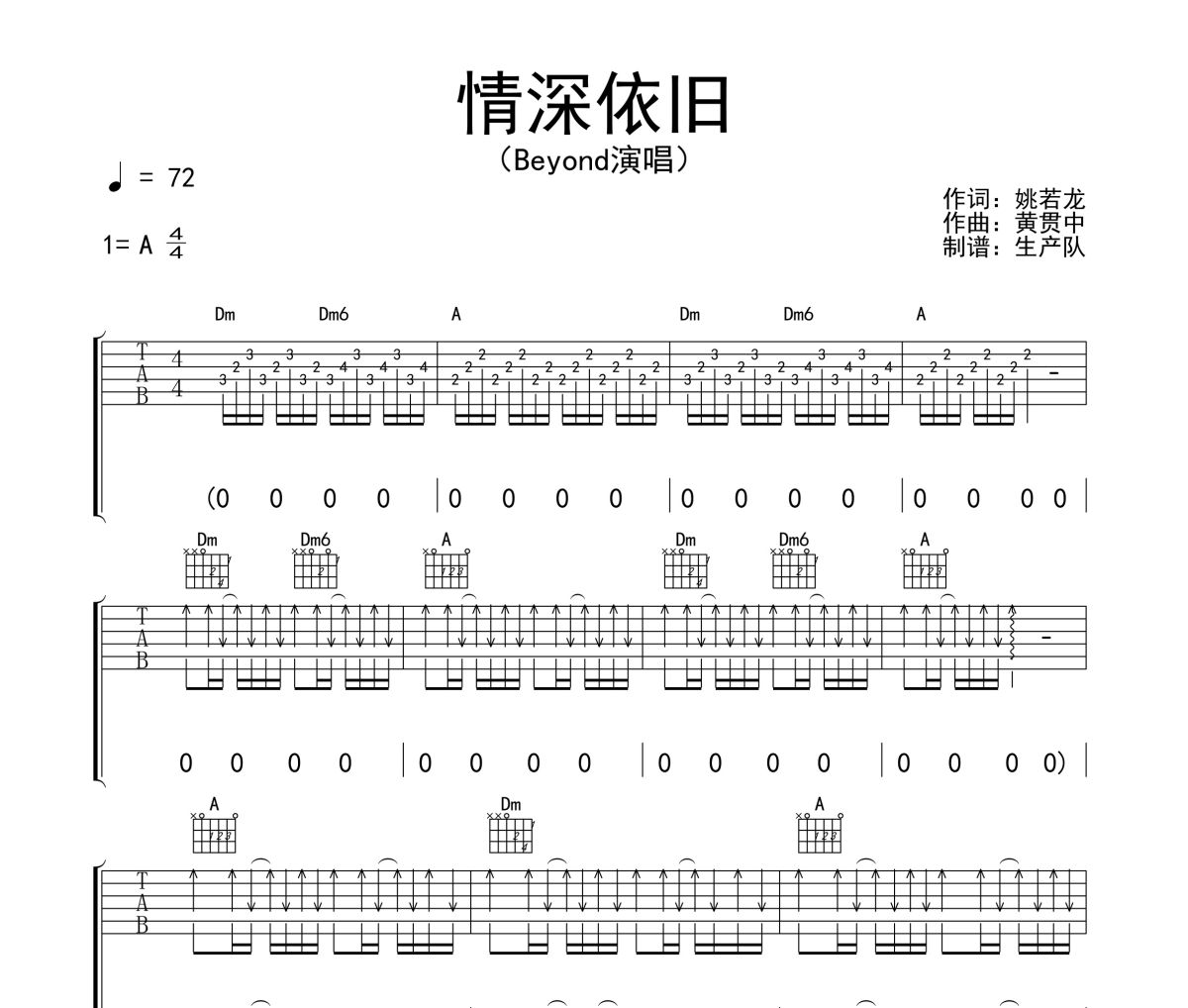 情深依旧吉他谱 Beyond《情深依旧》六线谱A调吉他谱