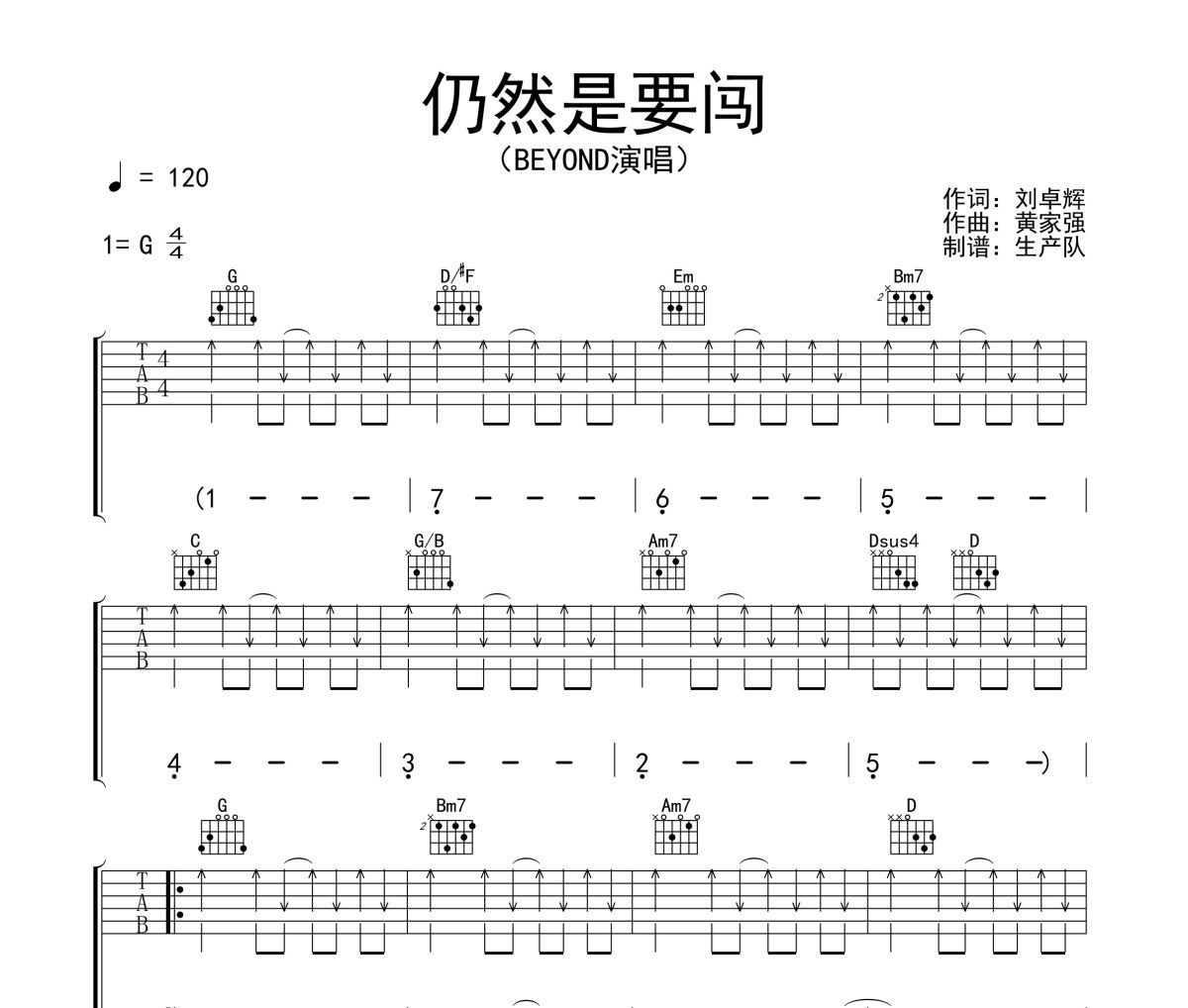 仍然是要闯吉他谱 Beyond《仍然是要闯》六线谱G调吉他谱