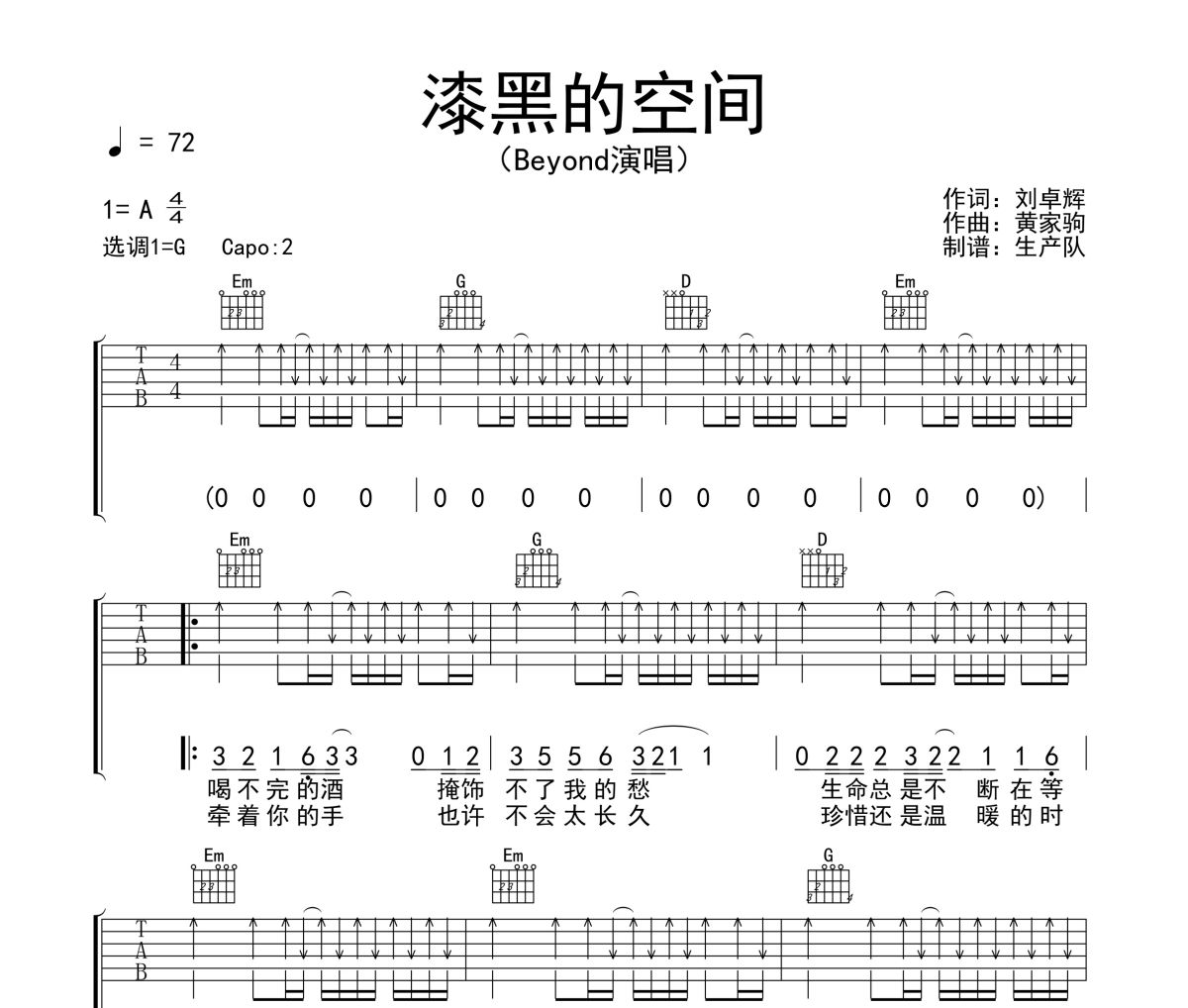 漆黑的空间吉他谱 Beyond《漆黑的空间》六线谱G调吉他谱