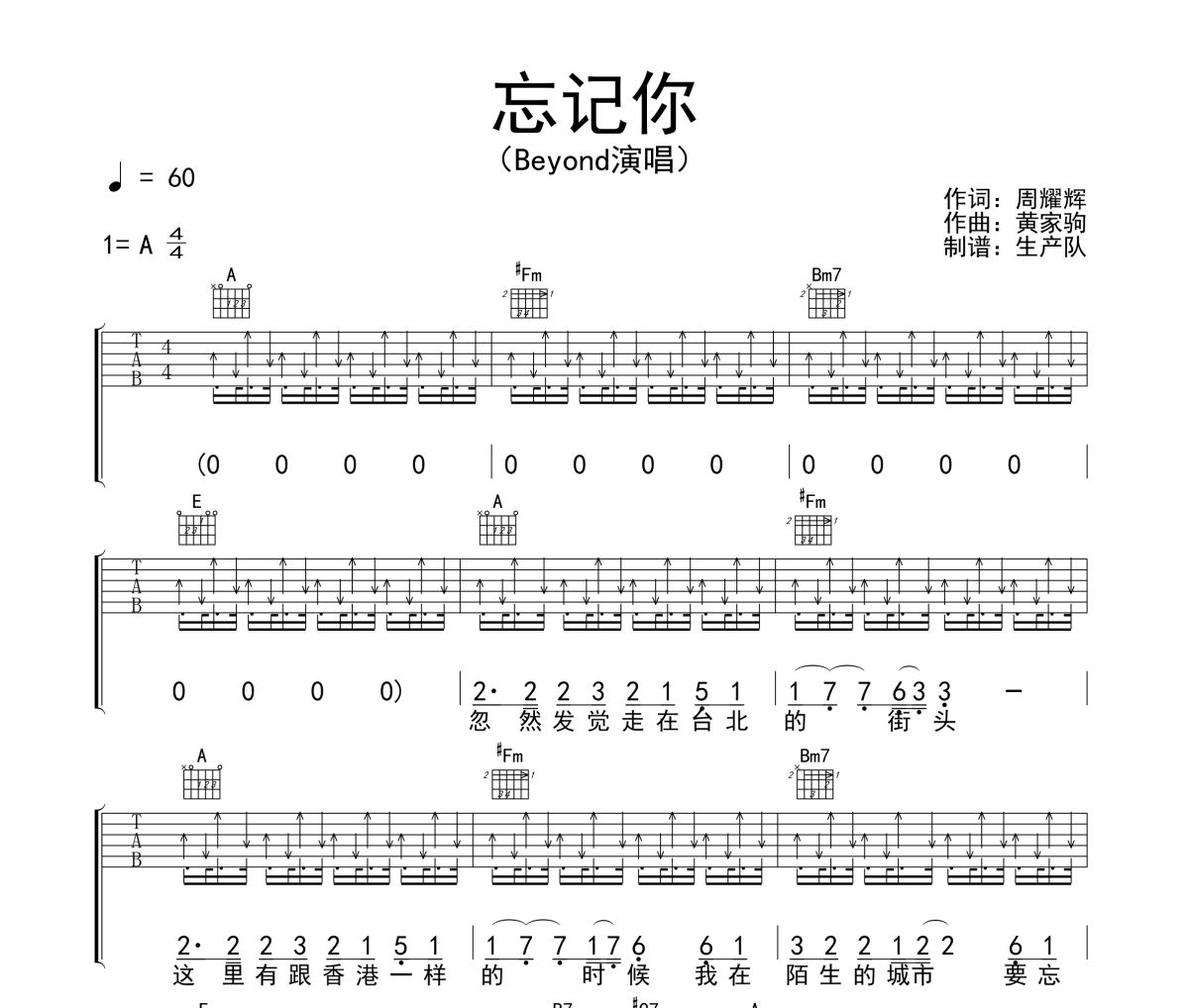 忘记你吉他谱 Beyond《忘记你》六线谱A调吉他谱