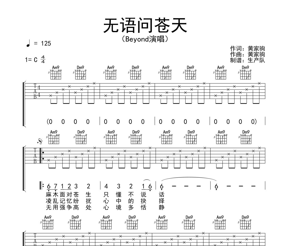 无语问苍天吉他谱 Beyond《无语问苍天》六线谱C调吉他谱