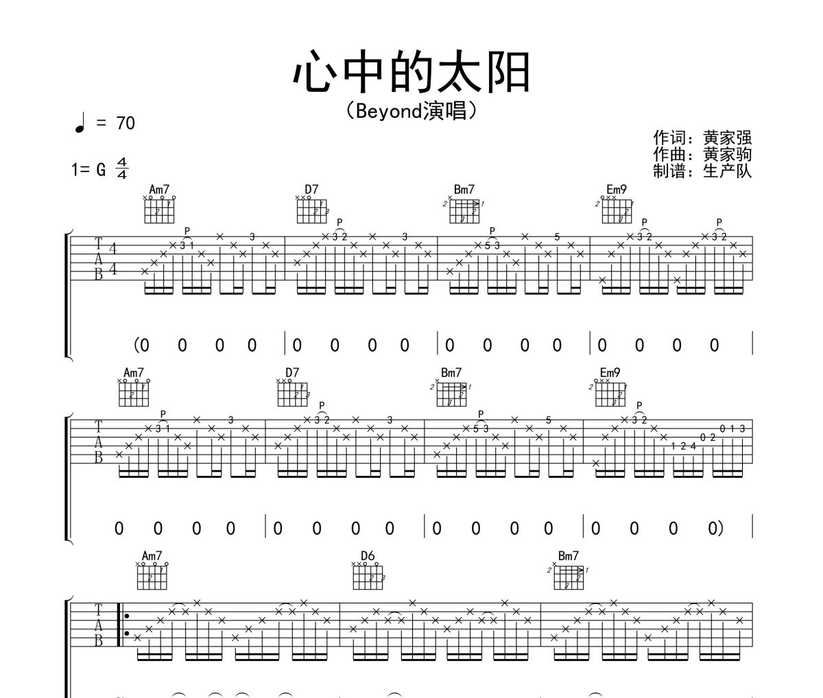 心中的太阳吉他谱 Beyond《心中的太阳》六线谱G调吉他谱