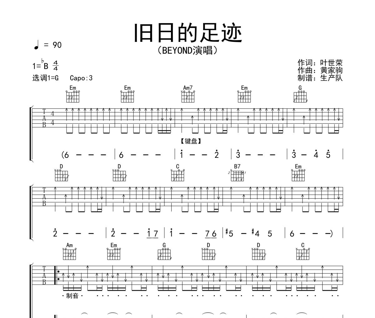 旧日的足迹吉他谱 Beyond《旧日的足迹》六线谱G调吉他谱