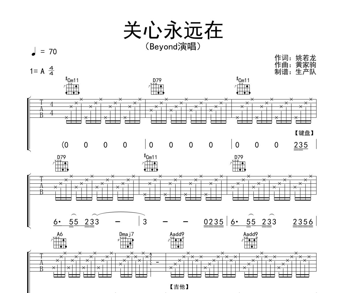 关心永远在吉他谱 Beyond《关心永远在》六线谱A调吉他谱