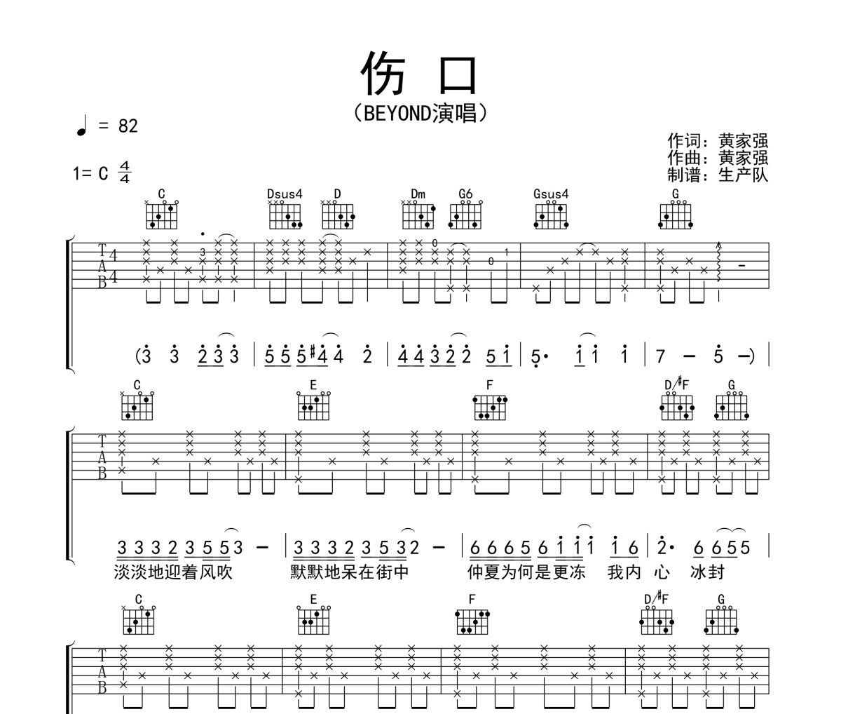 伤口吉他谱 Beyond《伤口》六线谱C调吉他谱