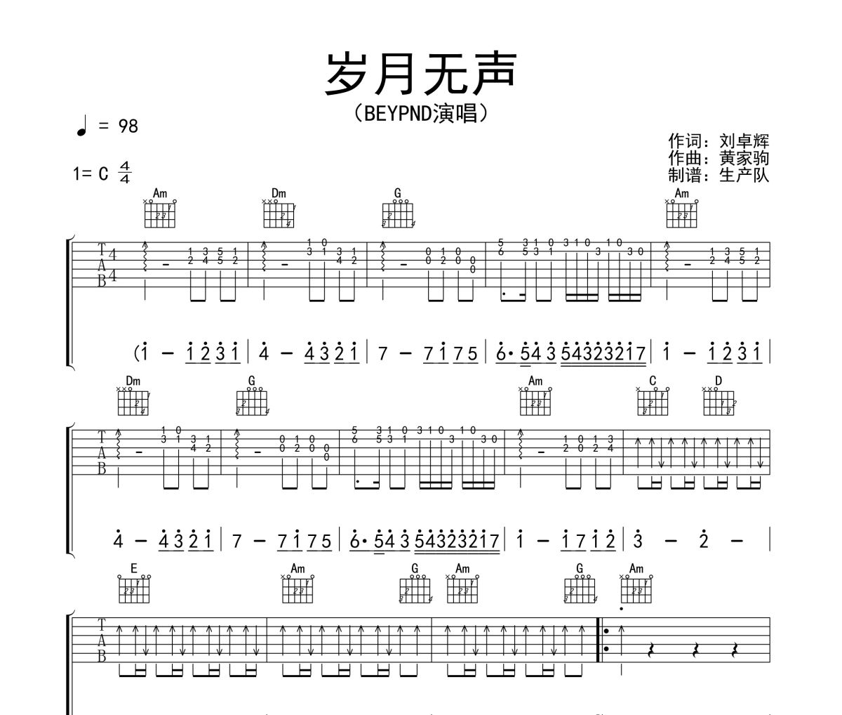 岁月无声吉他谱 Beyond《岁月无声》六线谱C调吉他谱