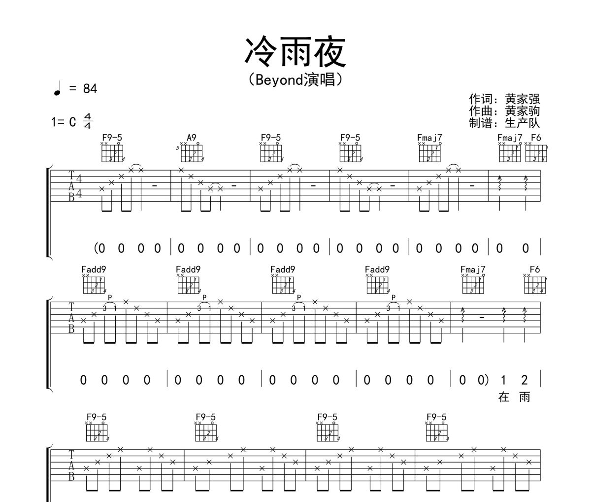 冷雨夜吉他谱 Beyond《冷雨夜》六线谱C调吉他谱