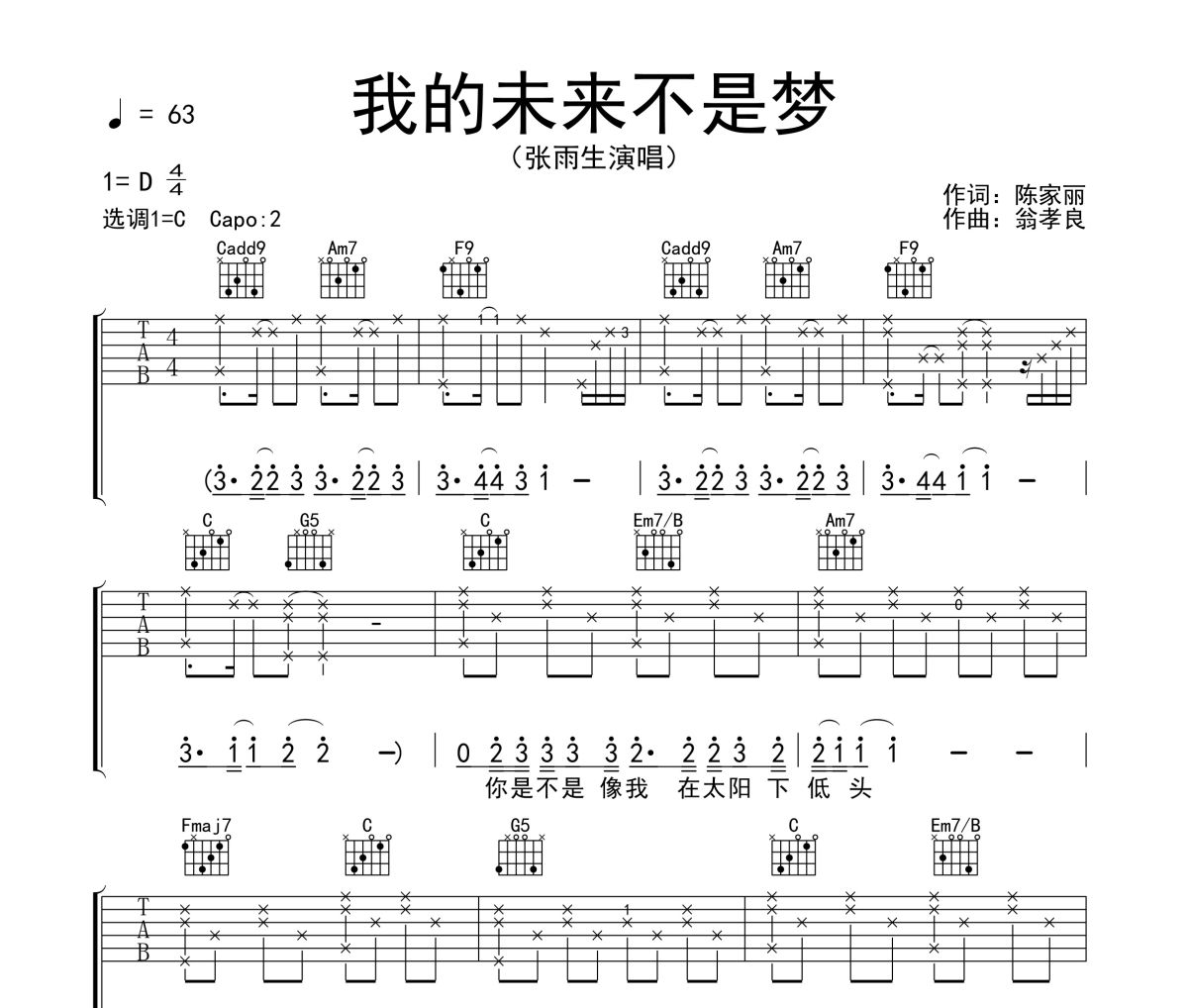 我的未来不是梦吉他谱 张雨生《我的未来不是梦》C调弹唱谱