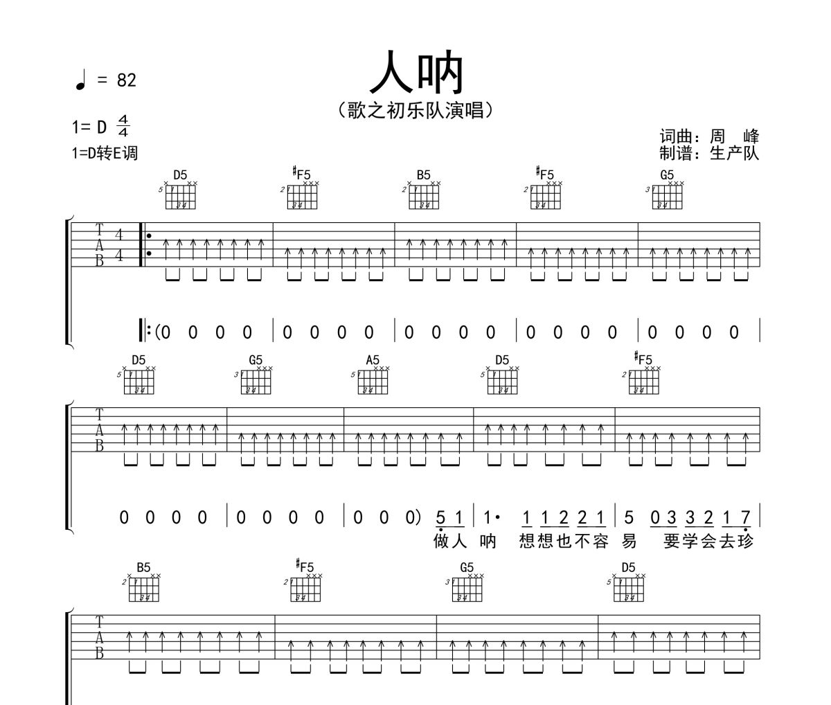 人呐吉他谱 歌之初乐队《人呐》六线谱D调吉他谱