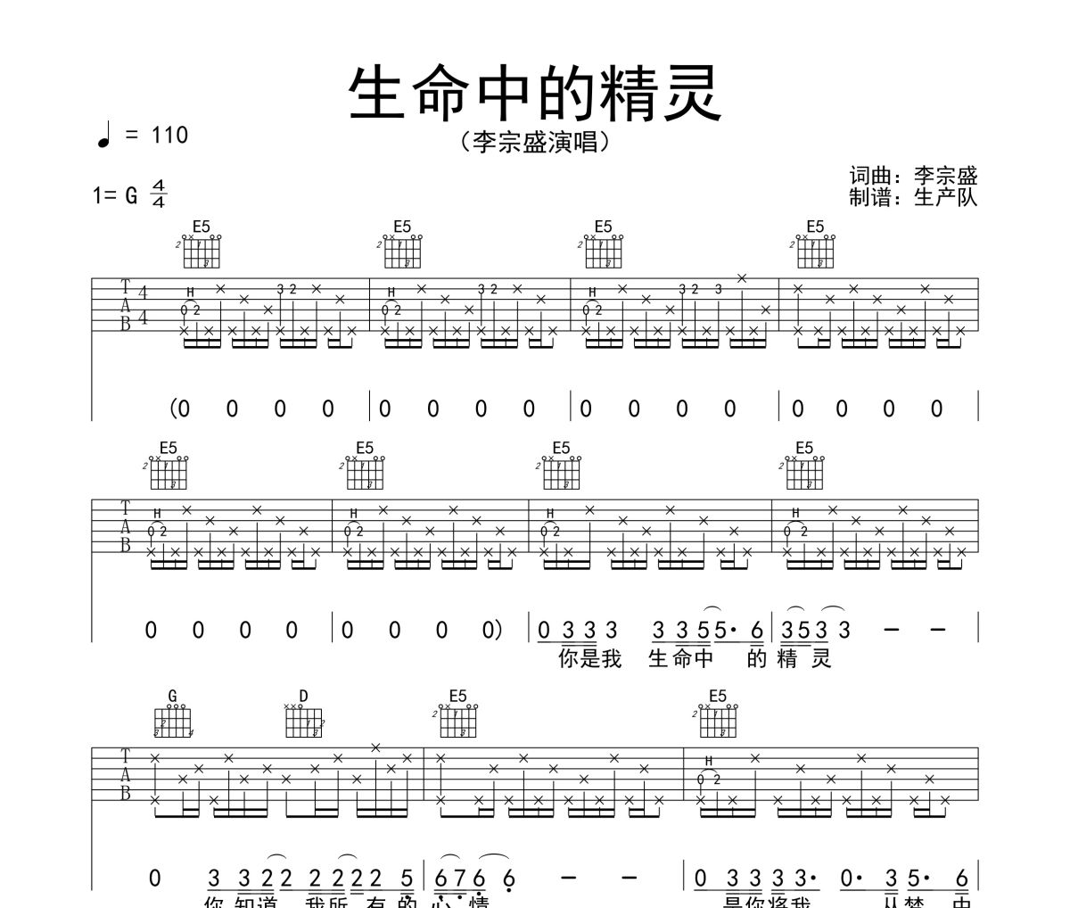 生命中的精灵吉他谱 李宗盛《生命中的精灵》六线谱G调吉他谱