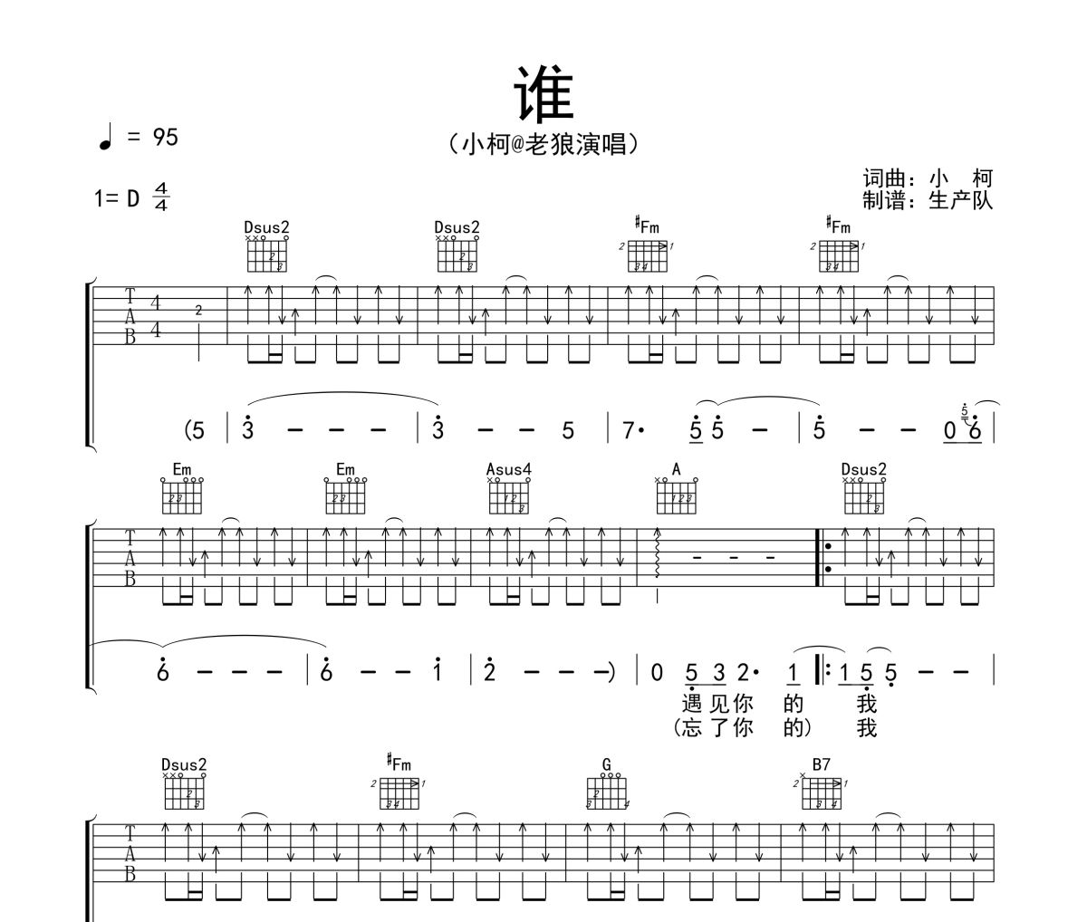 谁吉他谱 小柯&老狼《谁》六线谱D调吉他谱