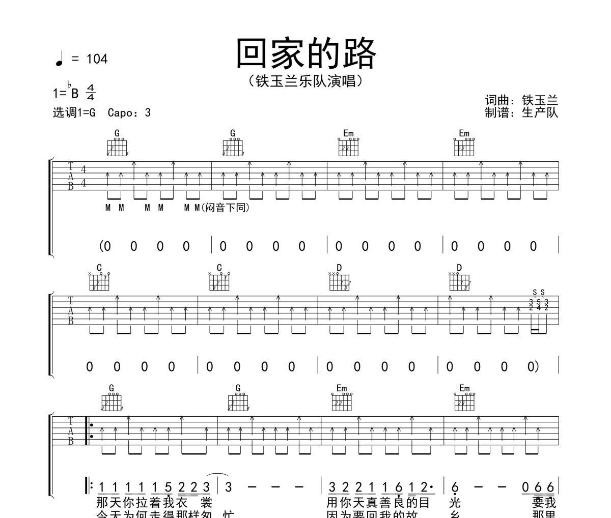 回家的路吉他谱 铁玉兰乐队《回家的路》六线谱G调吉他谱