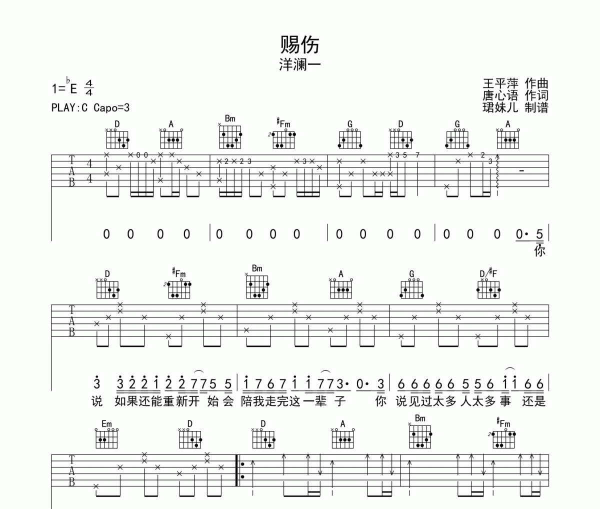 赐伤吉他谱 洋澜一《赐伤》C调指法编弹唱谱