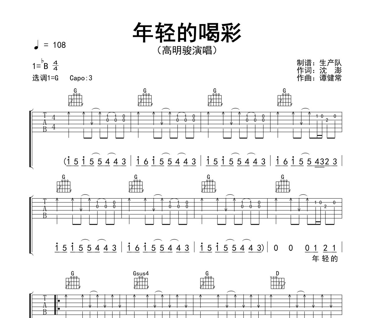 年轻的喝彩吉他谱 高明骏《年轻的喝彩》六线谱G调吉他谱