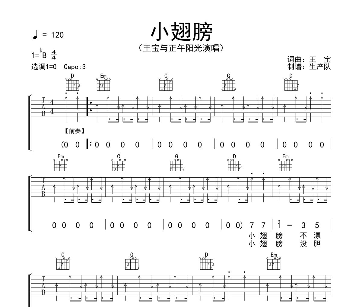 小翅膀吉他谱 王宝与正午阳光《小翅膀》六线谱G调吉他谱