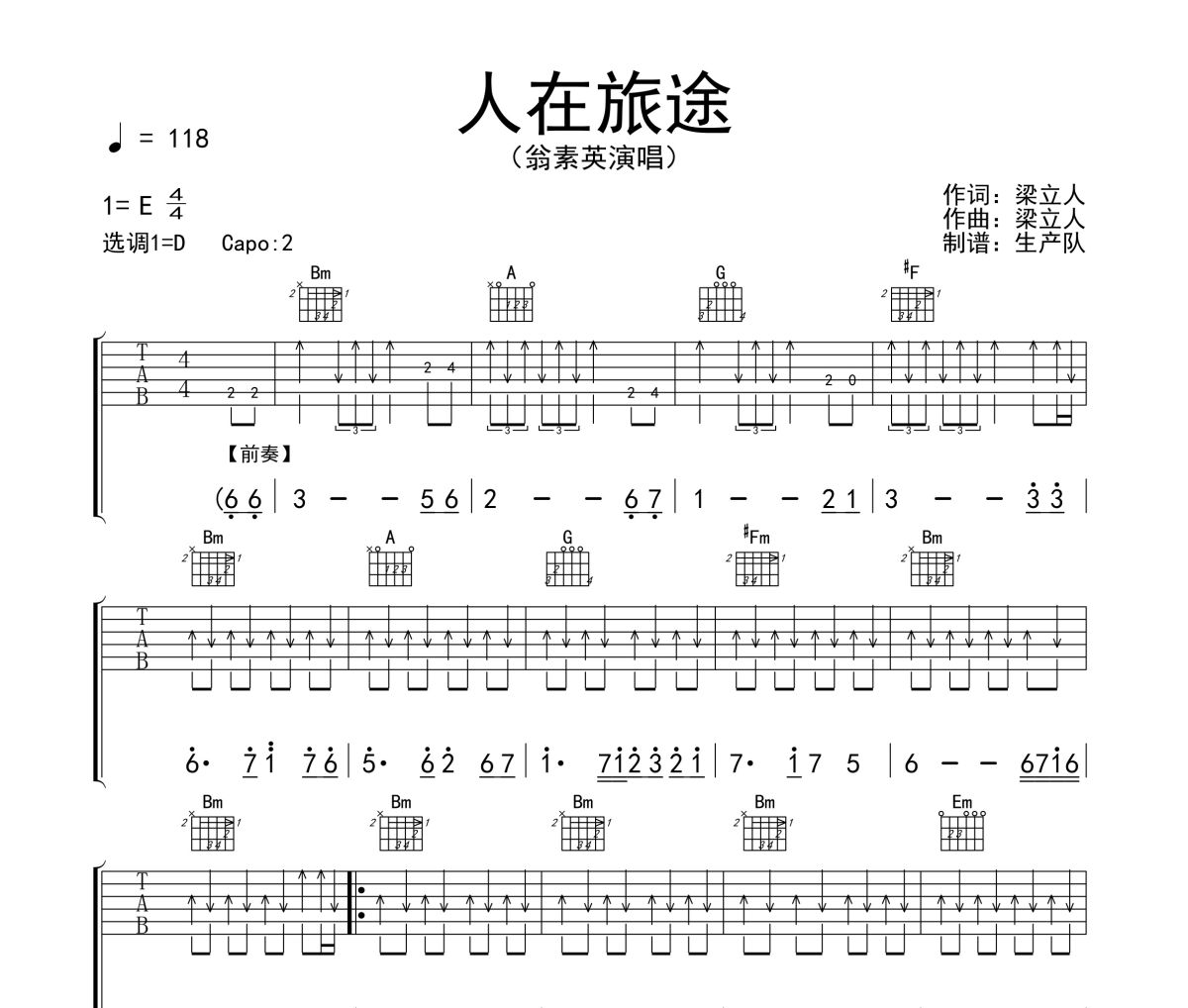 人在旅途吉他谱 翁素英《人在旅途》六线谱D调吉他谱